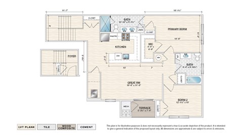 Floor plan for 2 beds, 2 baths, 1332 sqft